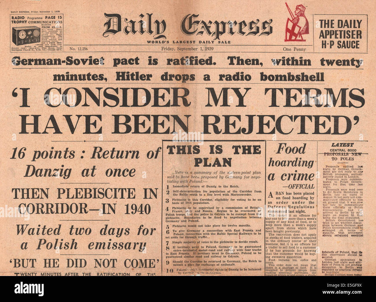 1939 Daily Express front page reporting Hitler's speech on Polish Corridor problem Stock Photo