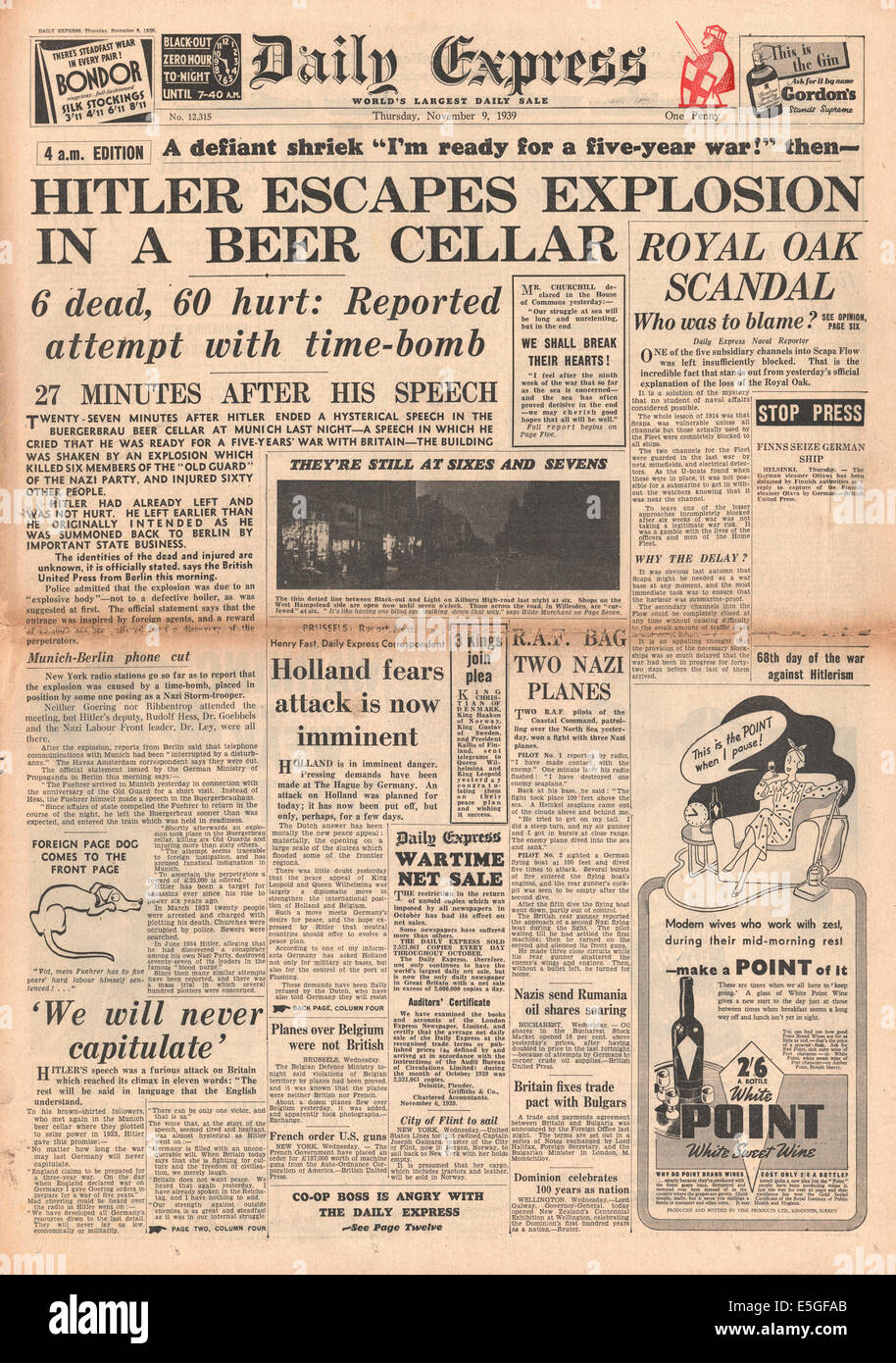 1939 Daily Express front page reporting assasination attempt on Adolf