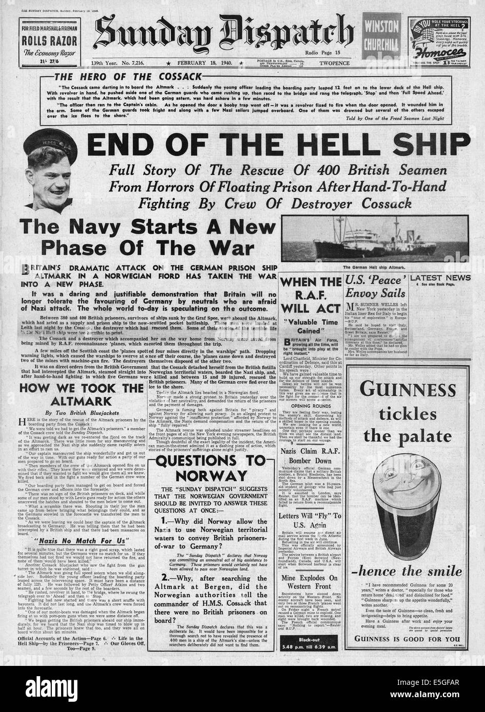 1940 Sunday Dispatch  front page reporting rescue of British sailors on German prison ship Altmark Stock Photo