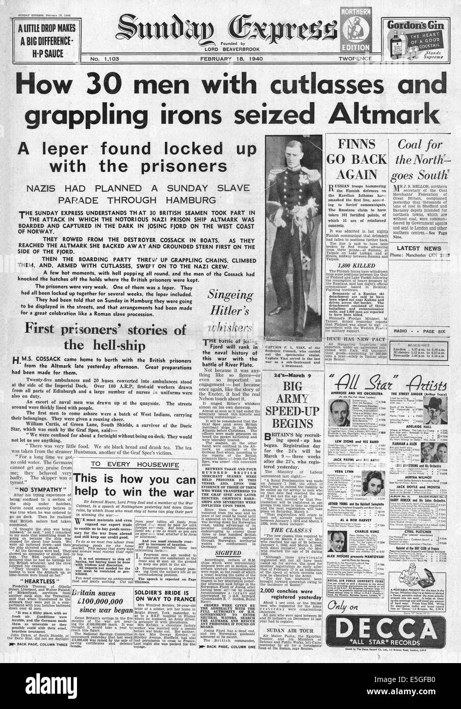 1940 Sunday Express front page reporting rescue of British sailors on German prison ship Altmark Stock Photo