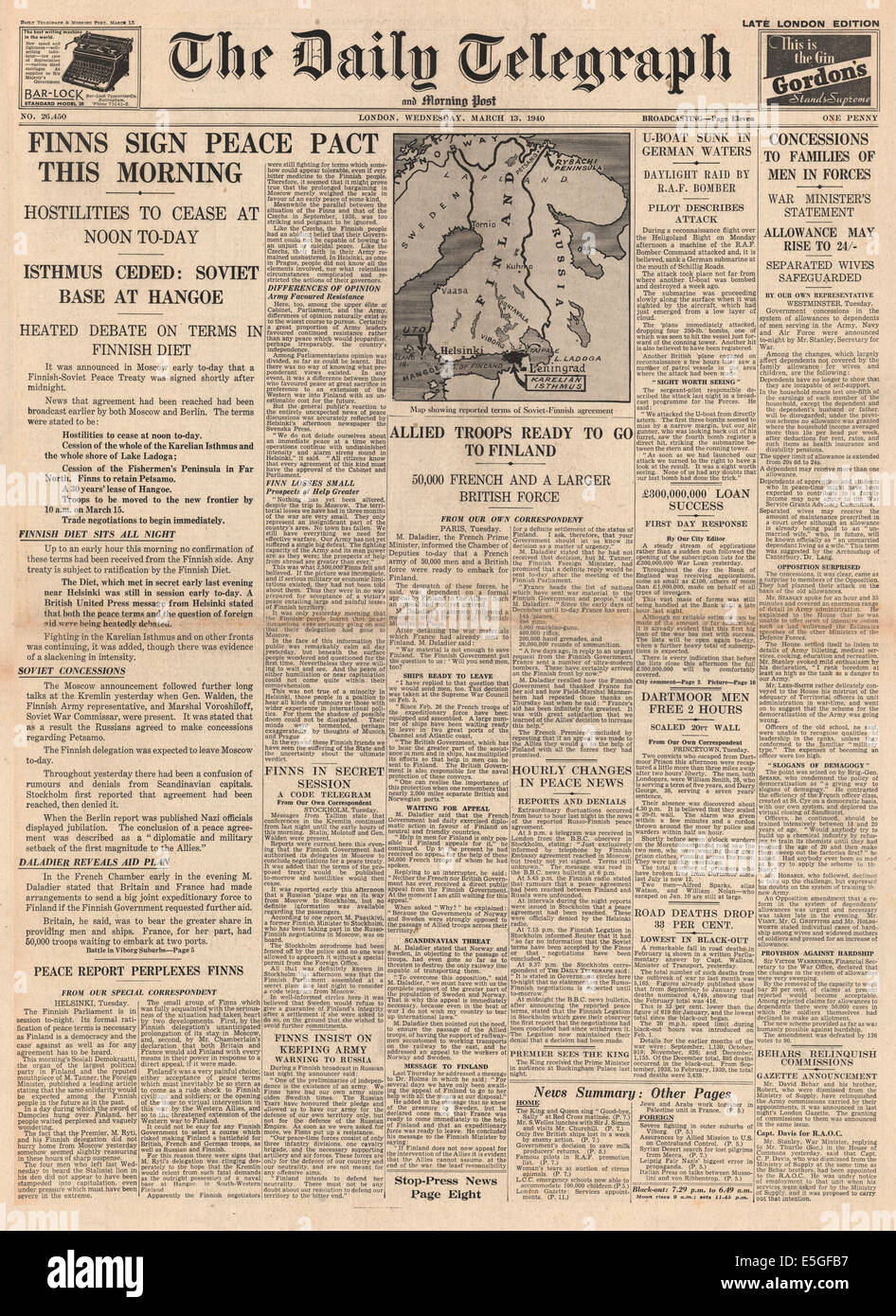 1940 daily telegraph front page hi-res stock photography and images - Alamy