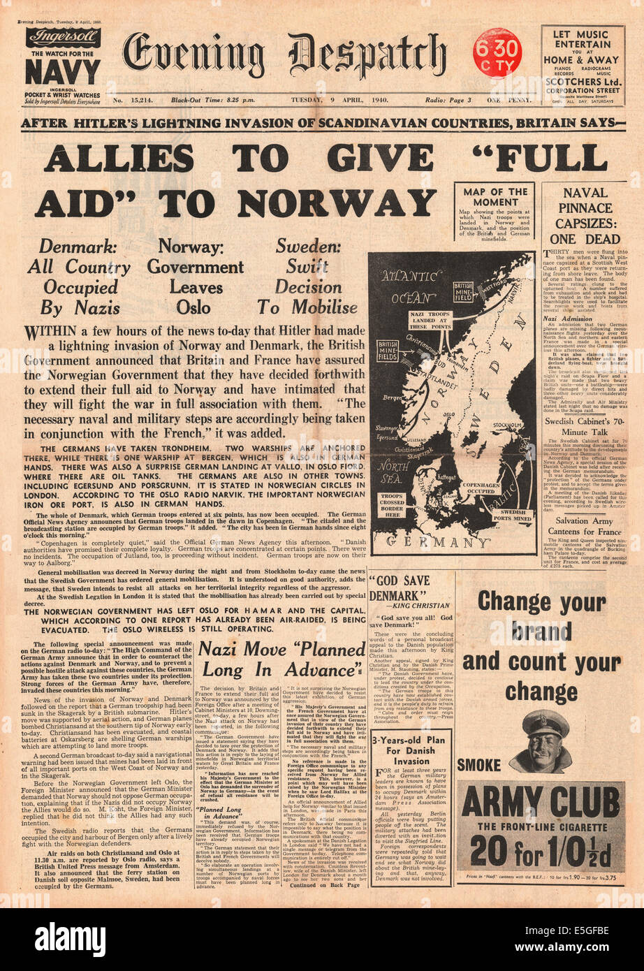 1940 Evening Despatch front page reporting the German invasion of Norway and Denmark Stock Photo