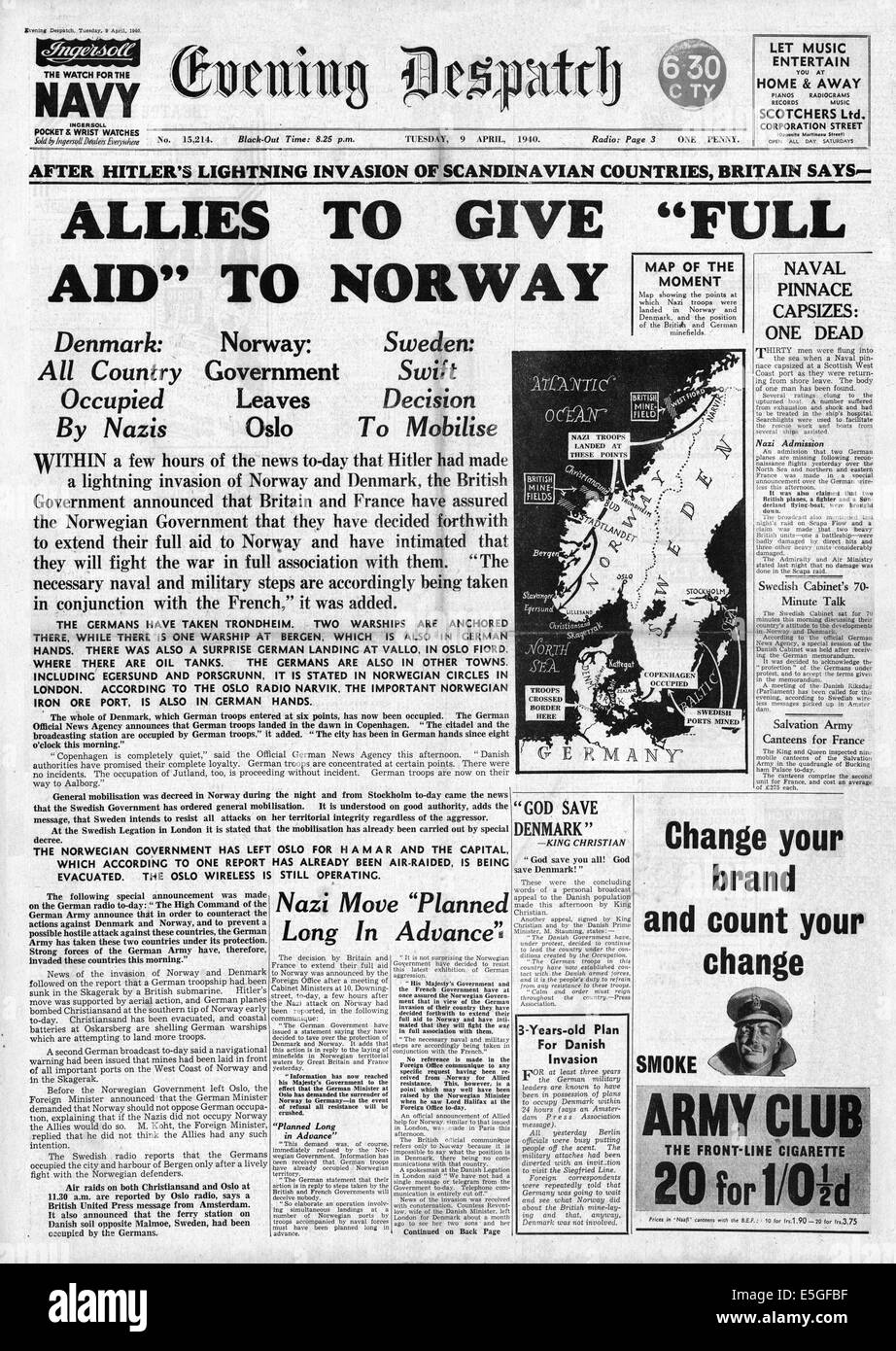 1940 Evening Despatch front page reporting the German invasion of Norway and Denmark Stock Photo