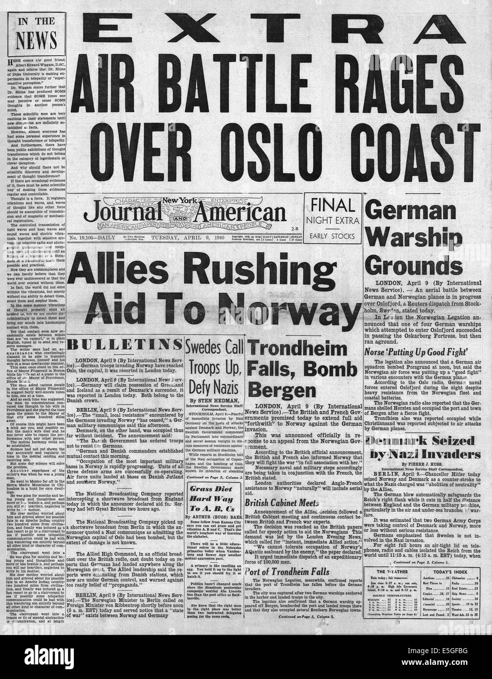 1940 New York Journal-American front page reporting Germany invades Norway and Denmark Stock Photo