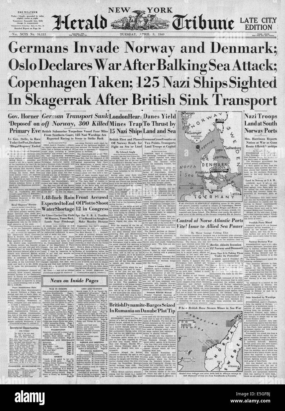 1940 New York Herald Tribune front page reporting Stock Photo