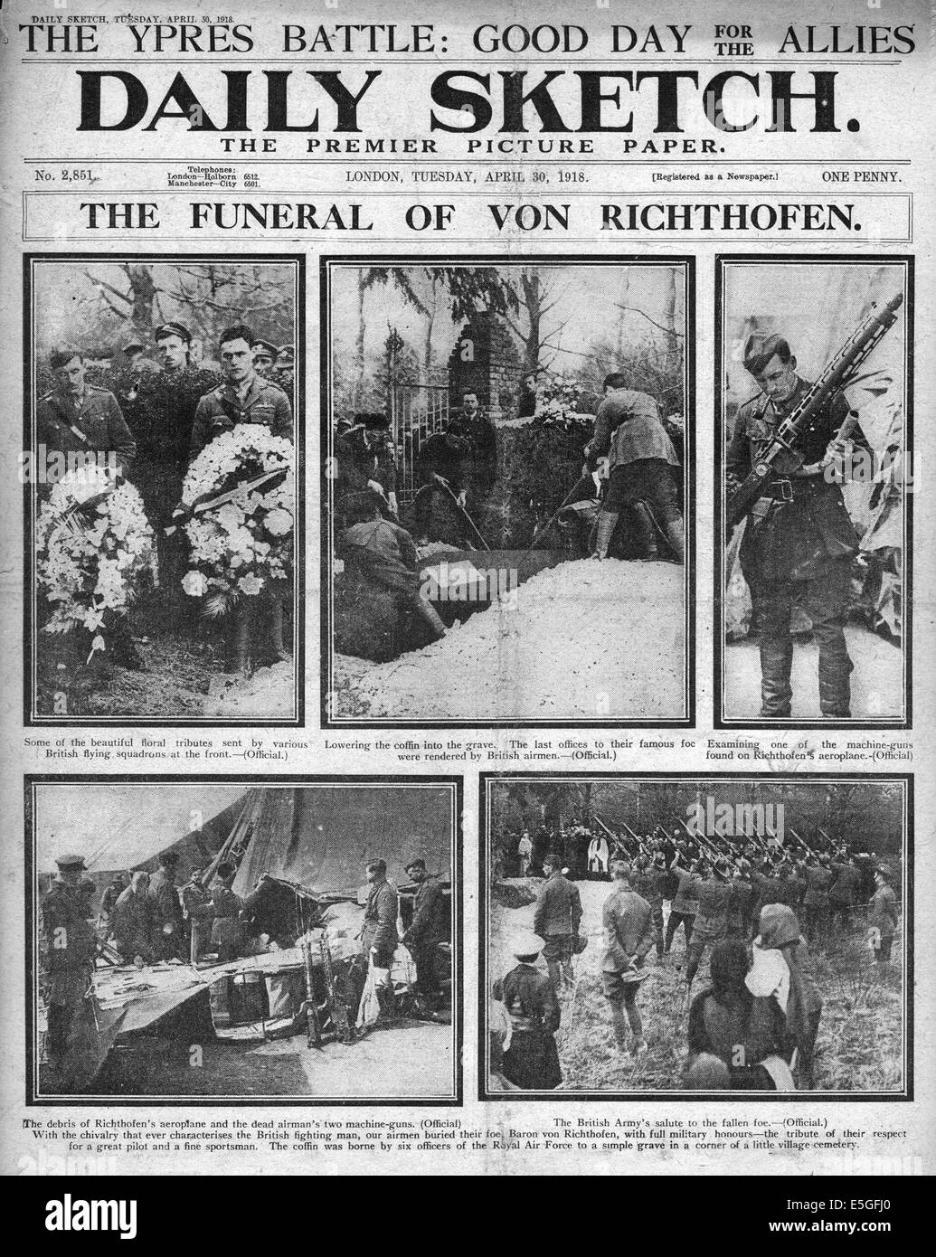 1918 Daily Sketch front page reporting the Funeral of Manfred von Richthofen Stock Photo