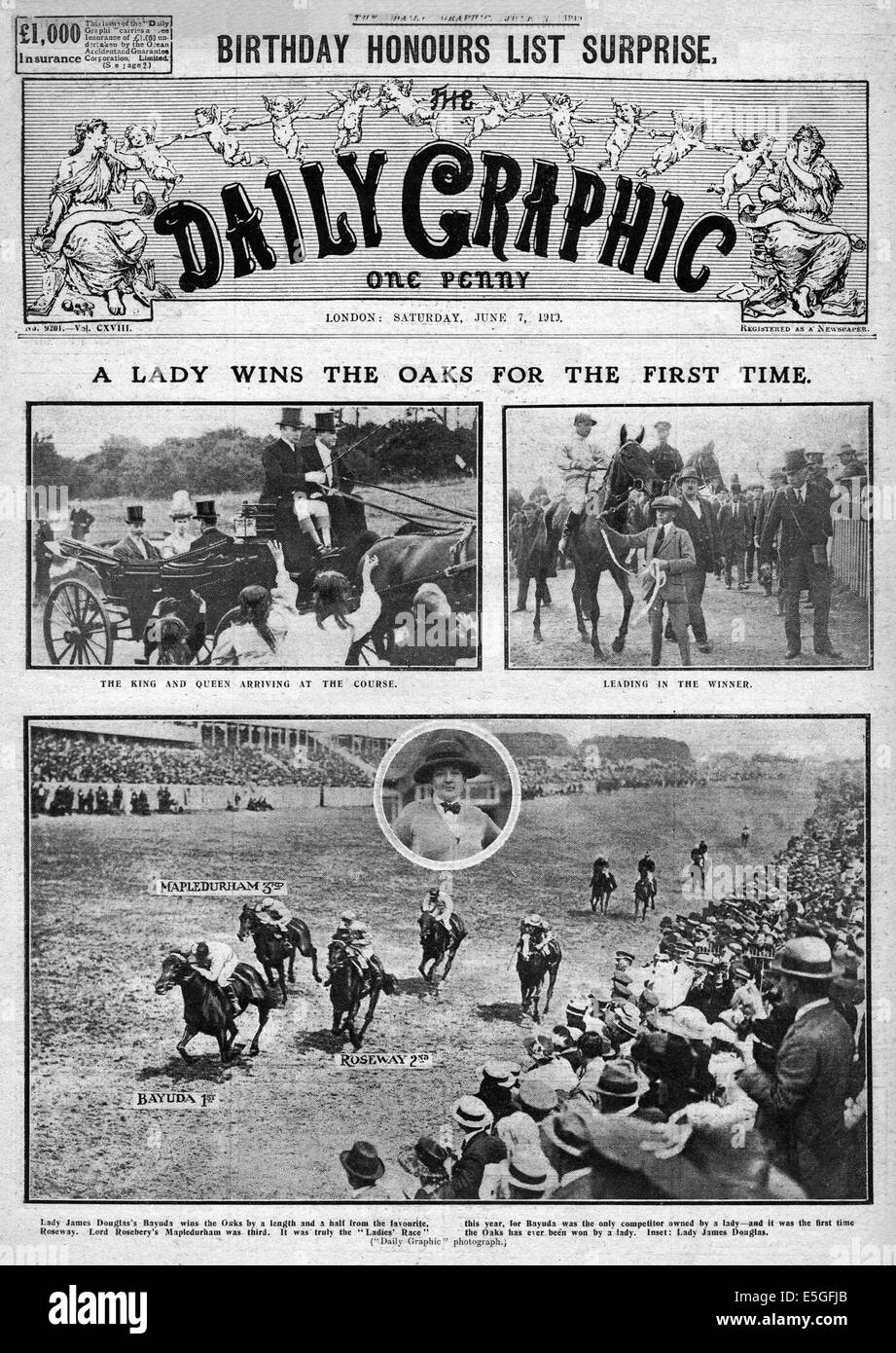 1919 Daily Graphic front page reporting Bayuda wins The Oaks ridden by Joe Childs and owned by Lady James Douglas, the first woman owner to win the race Stock Photo