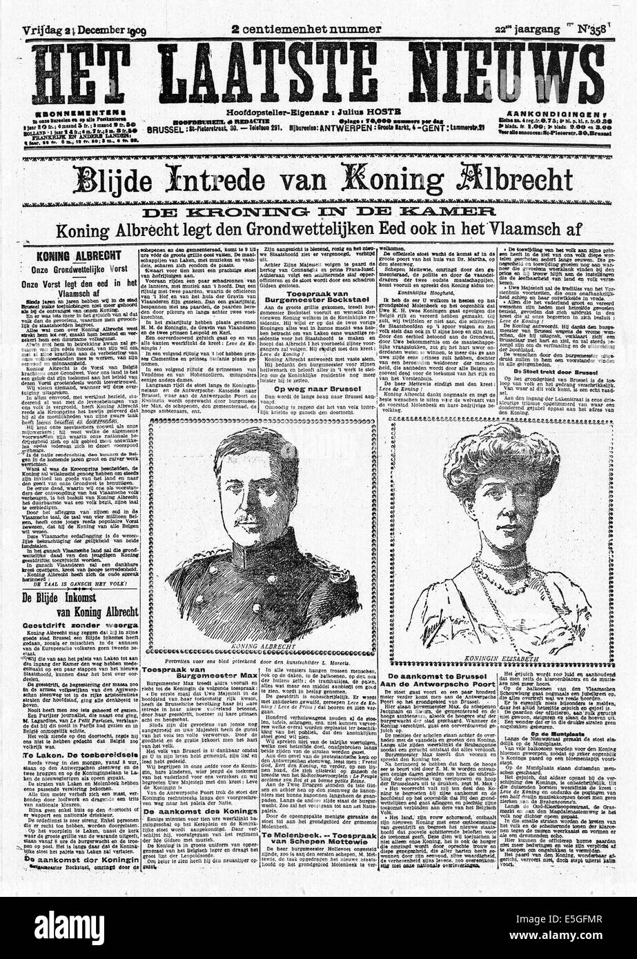 1909 Het Laatste Nieuws front page reporting the Coronation of King Albert I of Belgium Stock Photo