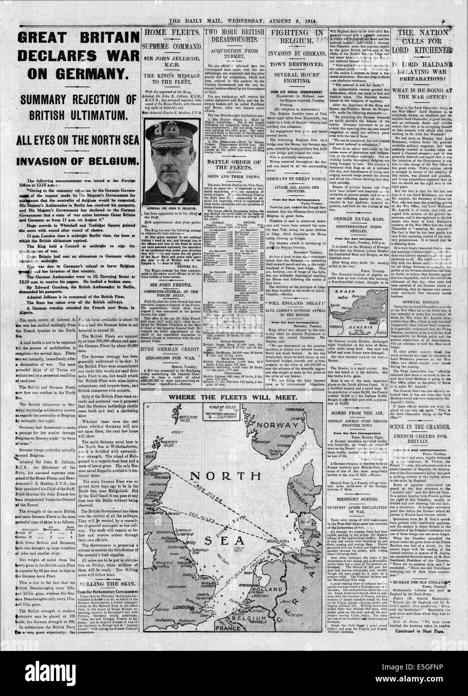 1914 Daily Mail page 5 reporting Britain's declaration of war on Germany Stock Photo