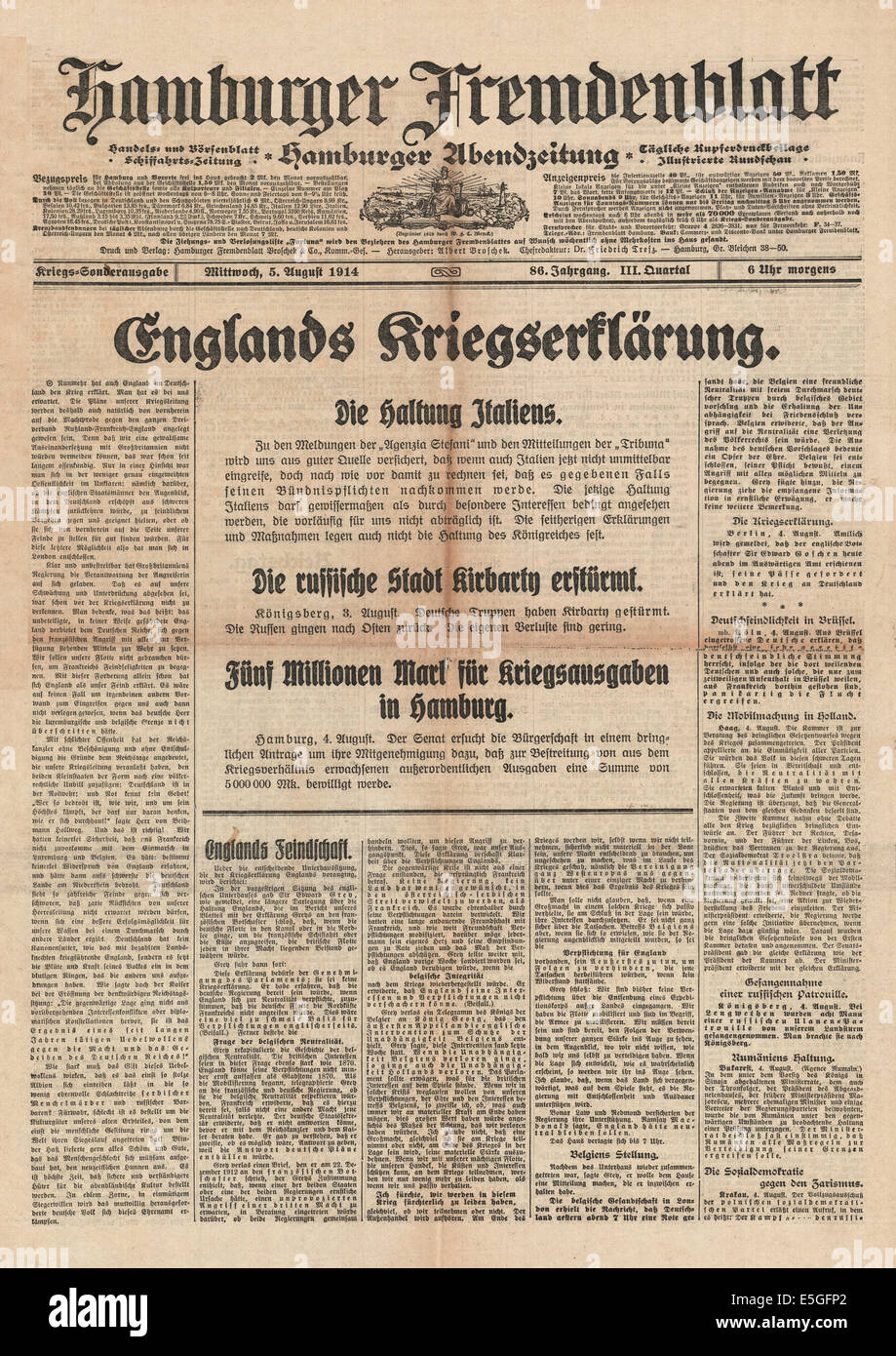 1914 Hamburger Fremdenblatt front page reporting the declaration of war on  Germany by Great Britain Stock Photo - Alamy