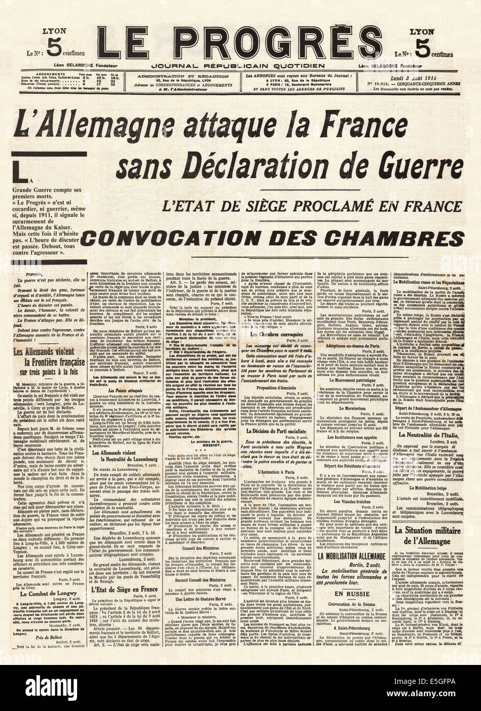 1914 Le Progres (France) front page reporting the declaration of war on France by Germany Stock Photo