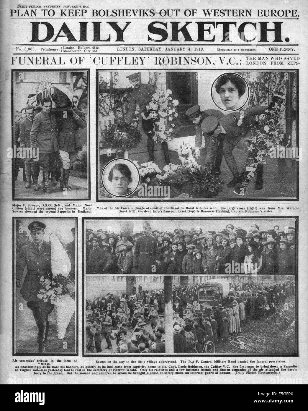 1919 Daily Sketch front page reporting the Funeral of William Leef Robinson VC Stock Photo