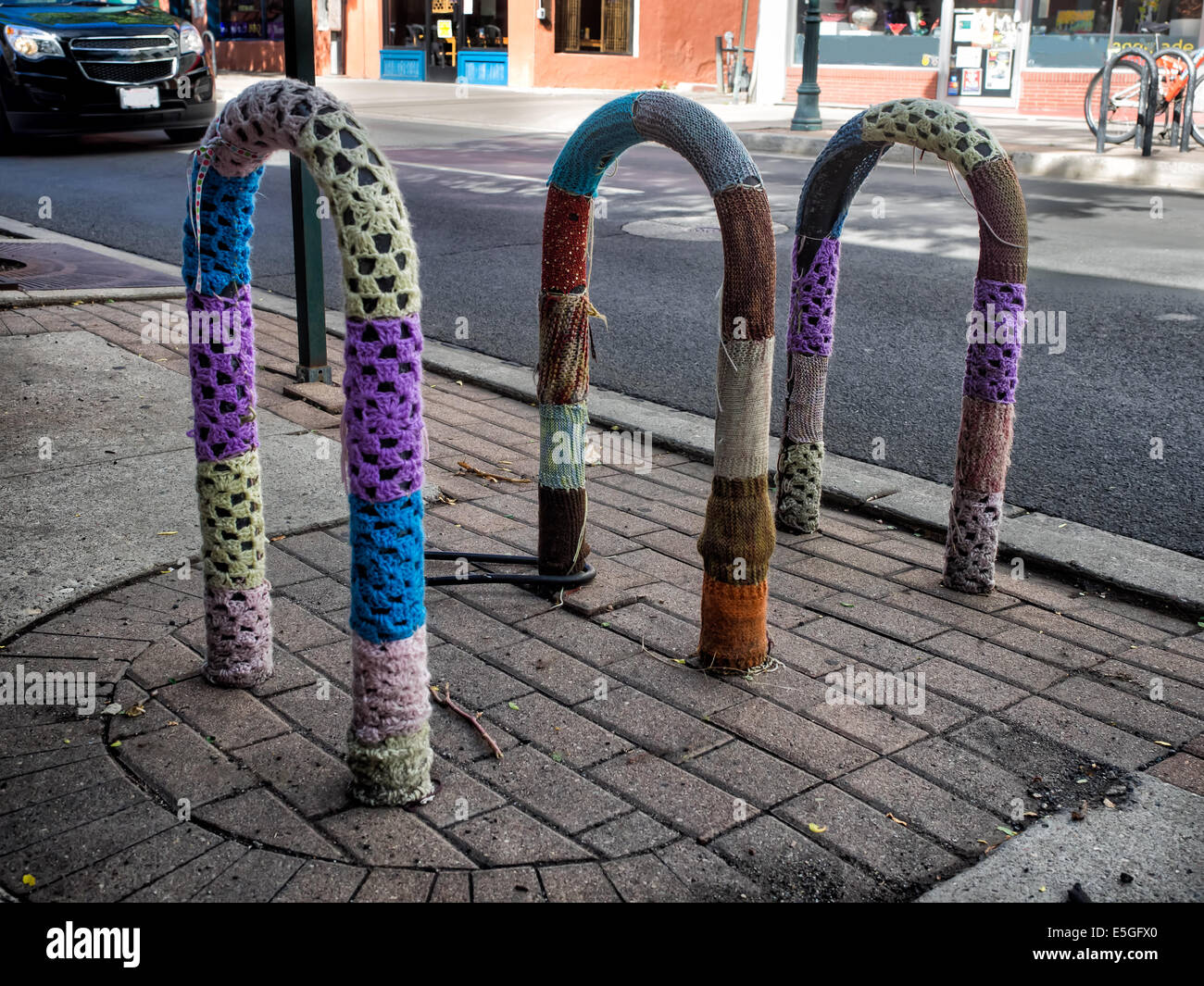 Colorful bike racks with knitwear, Flagstaff, Arizona USA Stock Photo