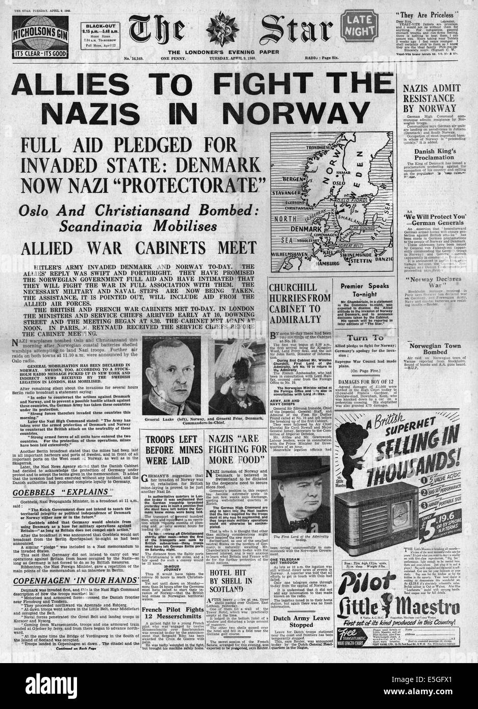 1940 The Star (London) front page reporting Germany invades Norway and Denmark Stock Photo