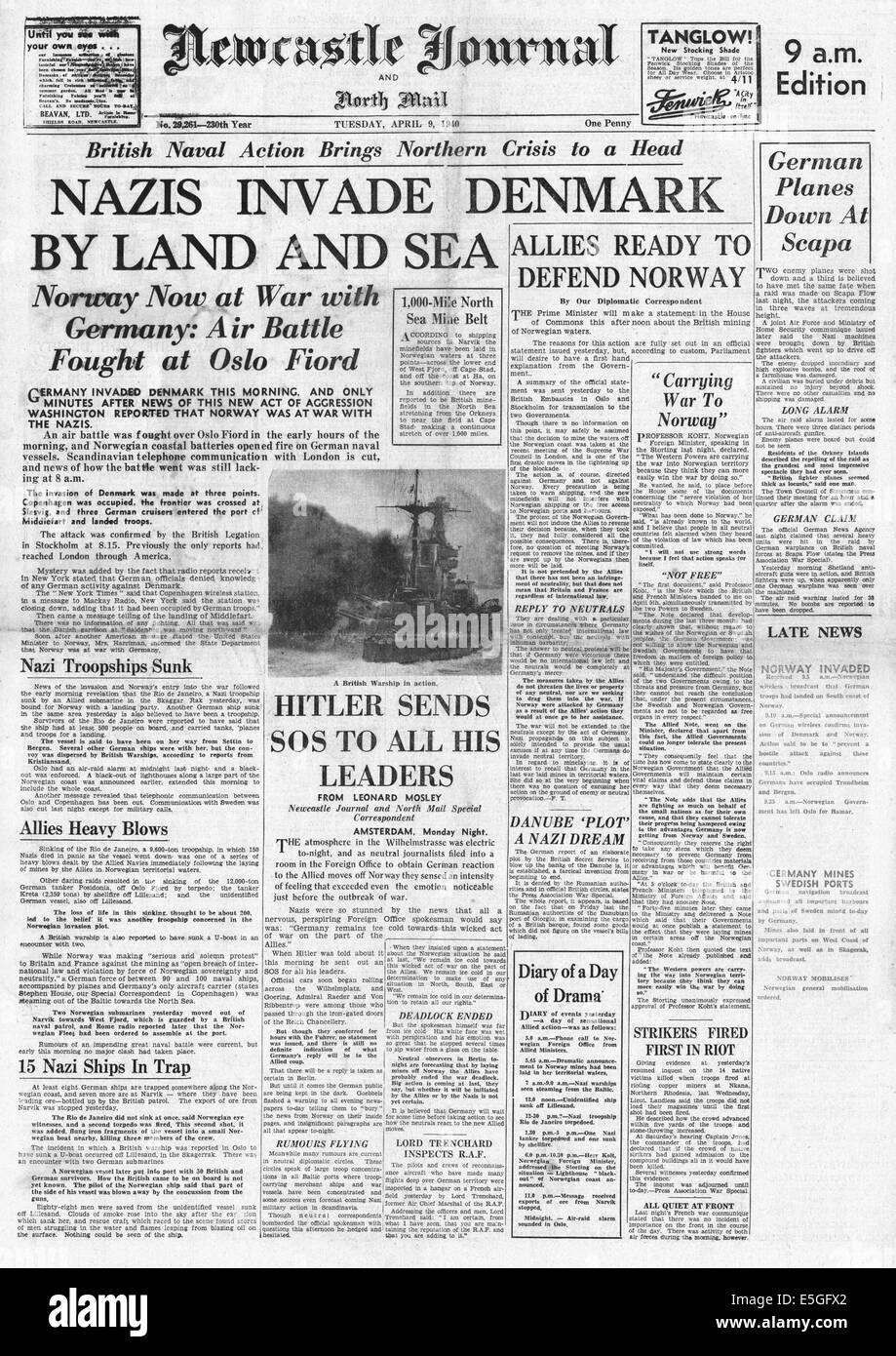1940 Newcastle Journal front page reporting Germany invades Norway and Denmark Stock Photo