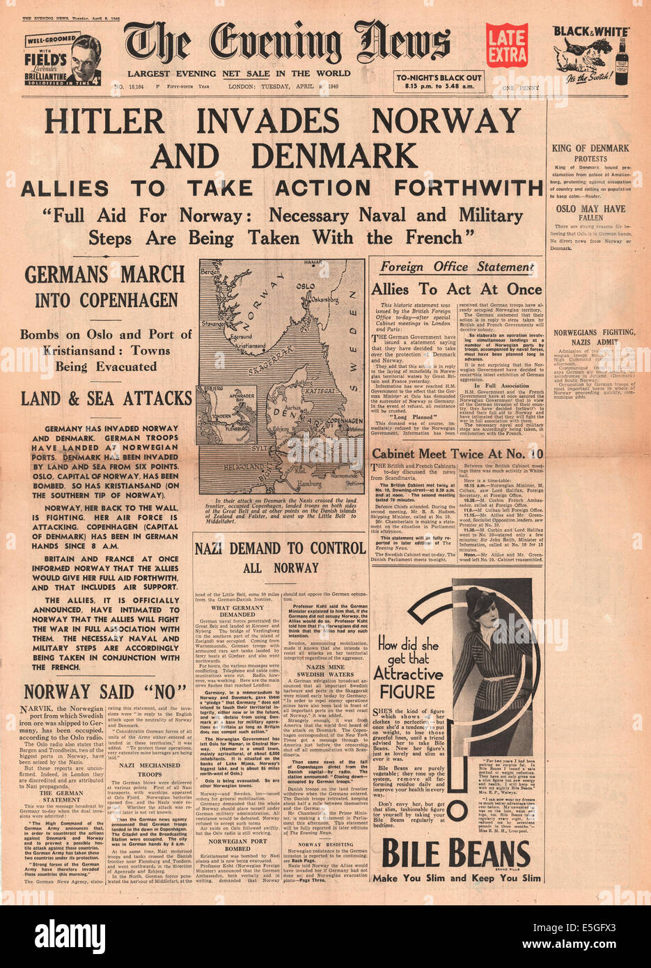 1940 Evening News (London) front page reporting Germany invades Norway and Denmark Stock Photo