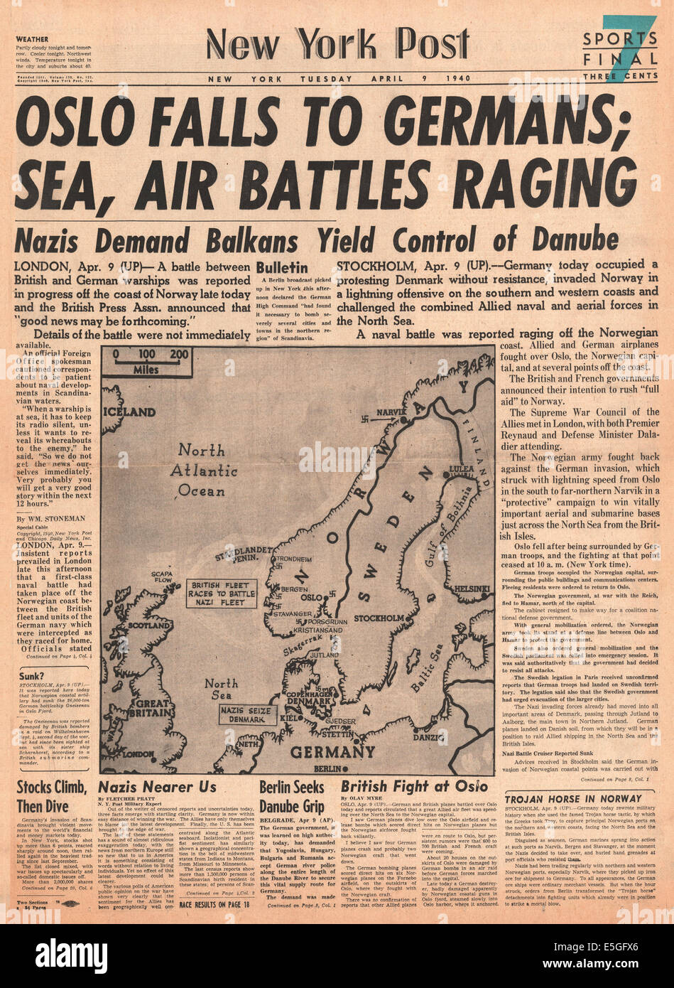 1940 New York Post front page reporting Germany invades Norway and Denmark Stock Photo