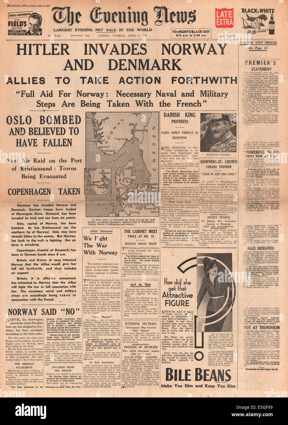 1940 Evening News (London) 2nd edition front page reporting Germany invades Norway and Denmark Stock Photo