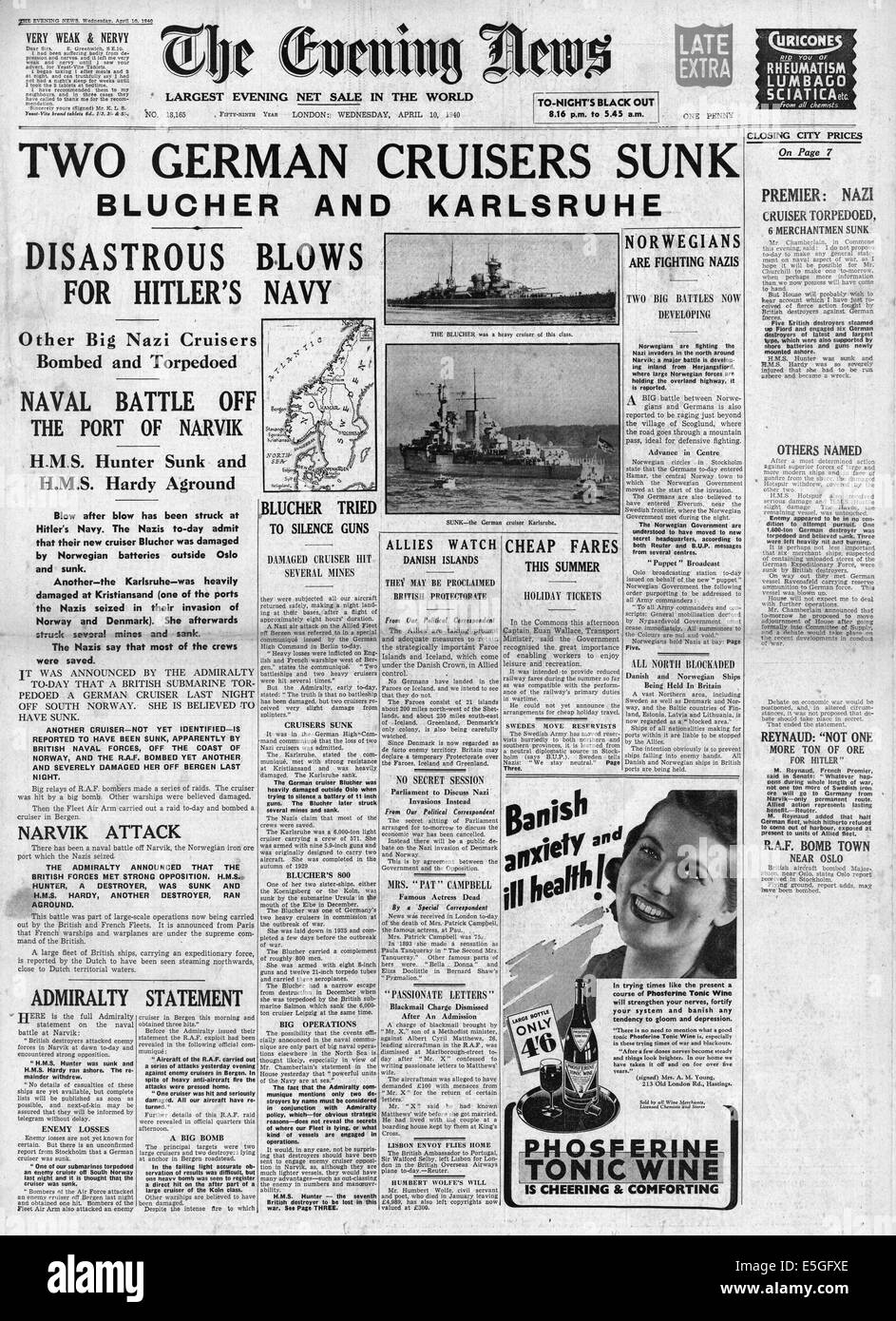 1940 Evening News (London) front page reporting the sinking of the German cruisers Blucher and Karlsruhe during the invasion of Norway Stock Photo