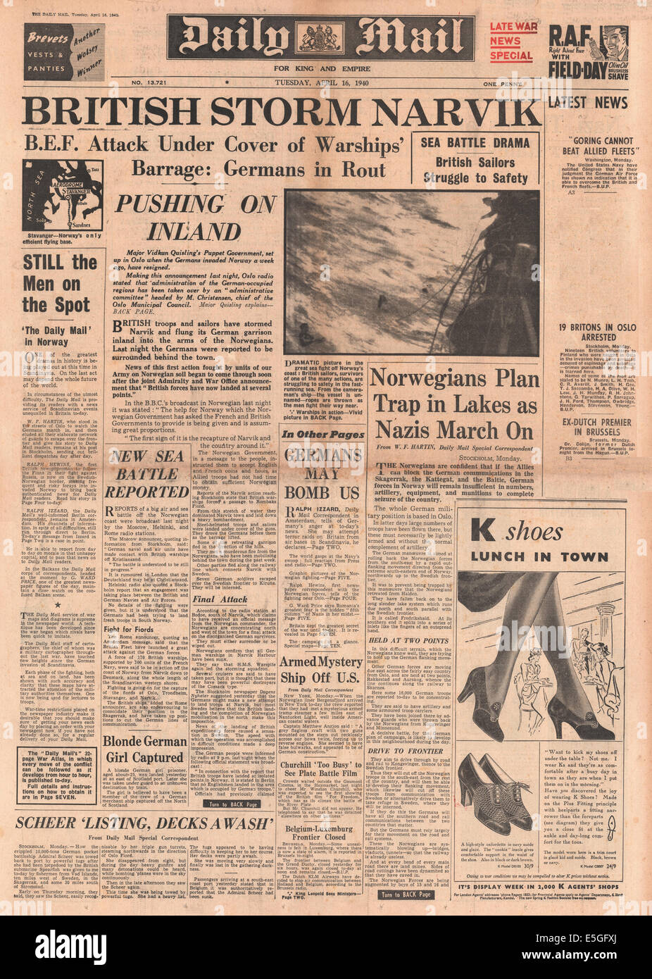 1940 Daily Mail front page reporting Allied forces attempt to recapture Narvik from German forces Stock Photo