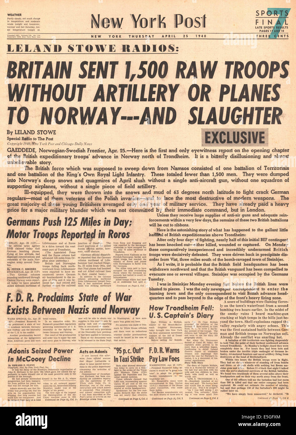 1940 New York Post front page reporting Battle for Norway Stock Photo