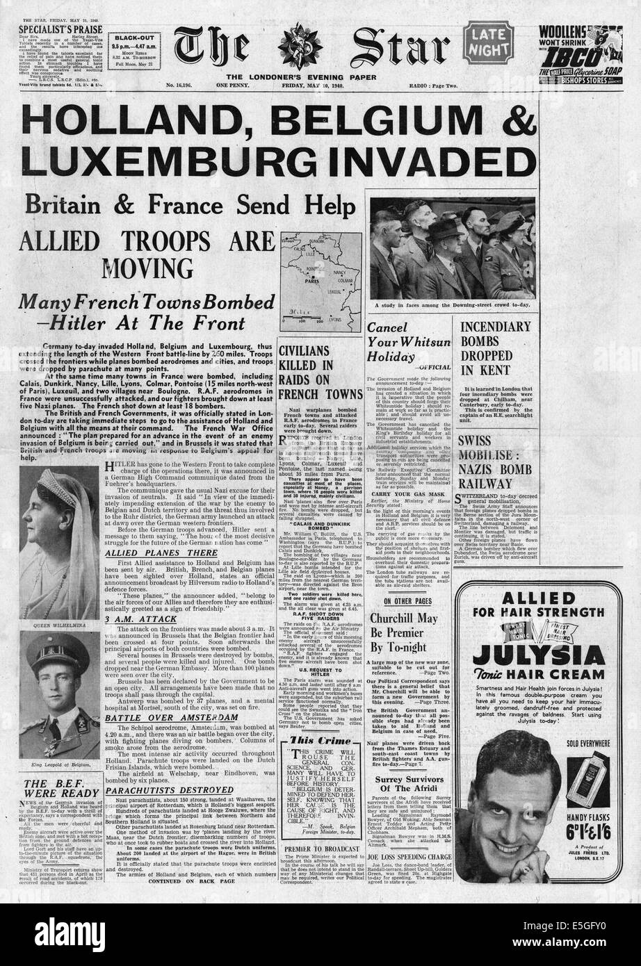 1940 The Star (London) front page reporting Germany invades Holland