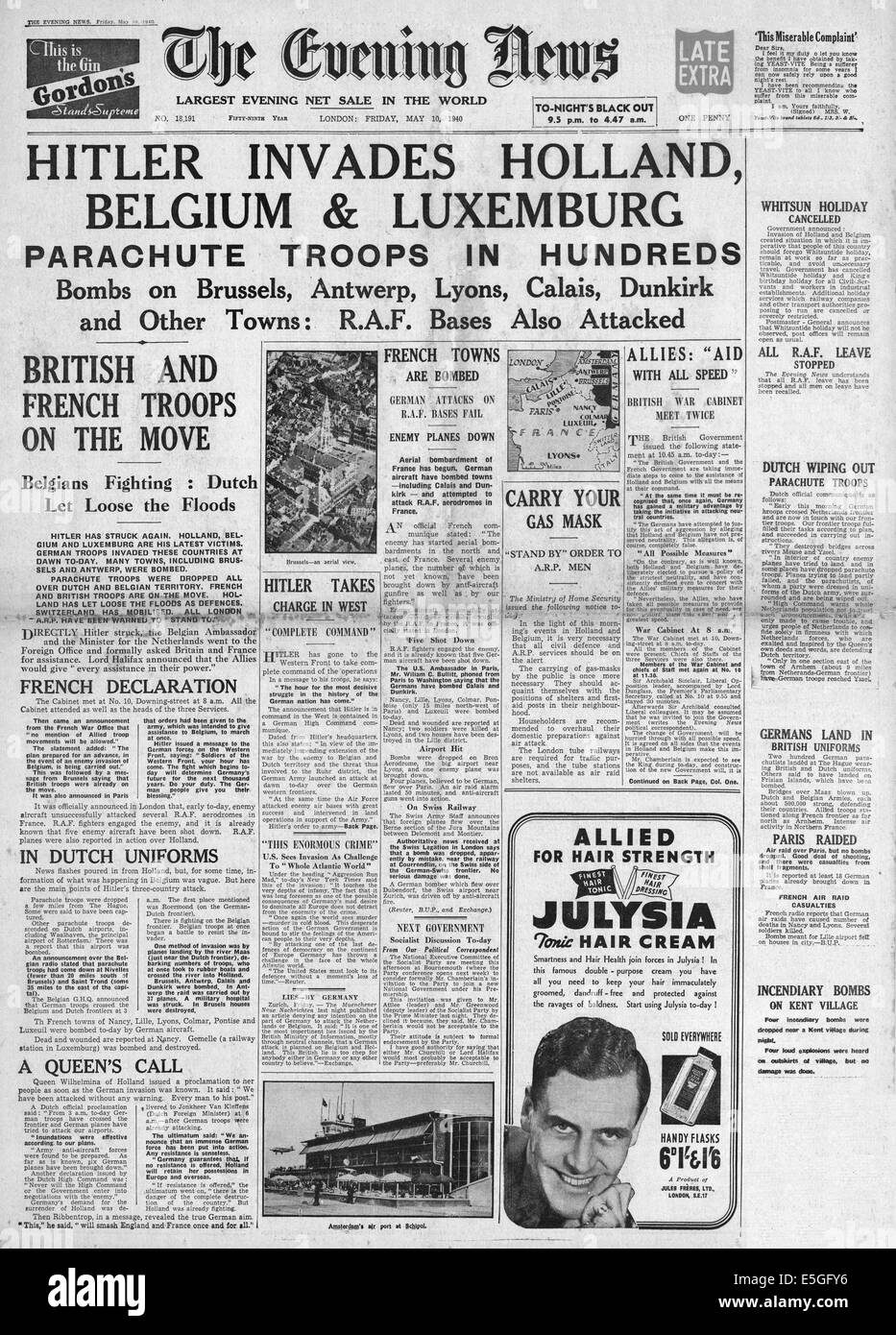 1940 Evening News (London) front page reporting Germany invades Holland