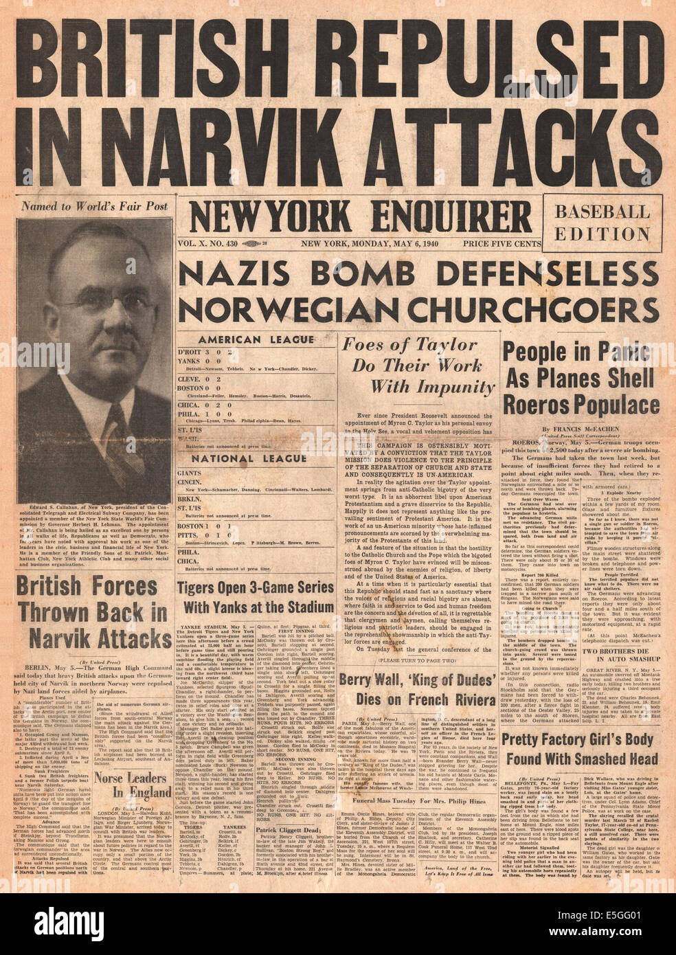 1940 New York Enquirer front page reporting battle for Norway and Narvik Stock Photo