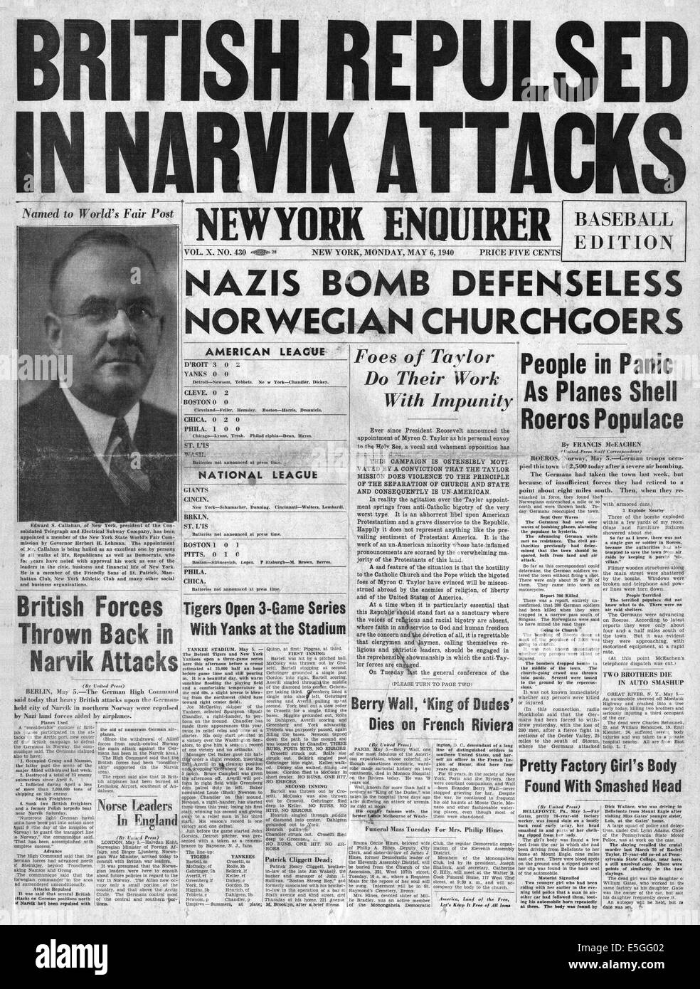 1940 New York Enquirer front page reporting battle for Norway and Narvik Stock Photo