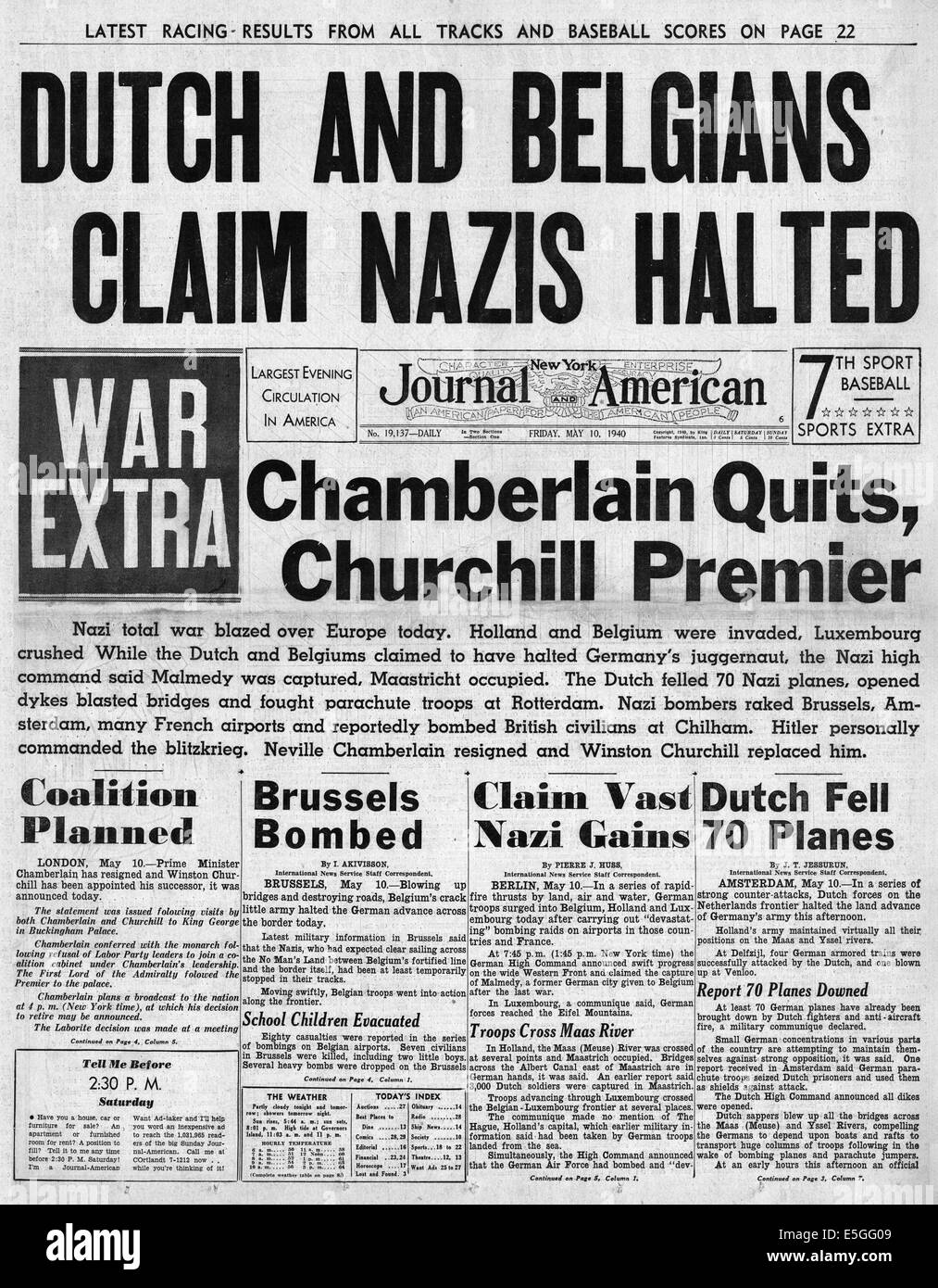 1940 New York Journal American front page reporting Neville Chamberlain