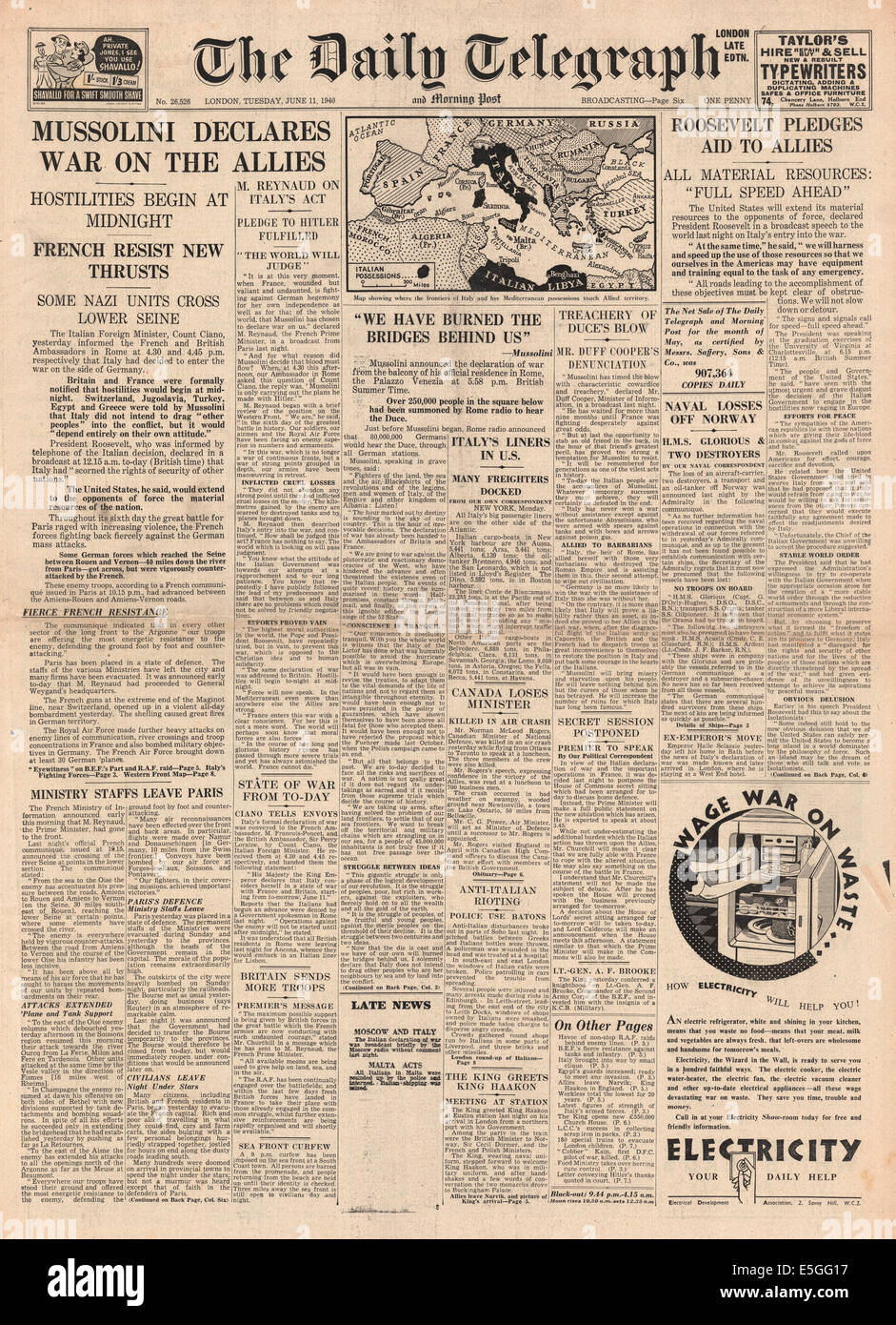 1940 Daily Telegraph front page reporting Italy declares war on France ...