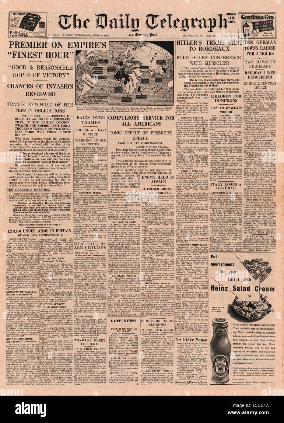1940 daily telegraph front page hi-res stock photography and images - Alamy