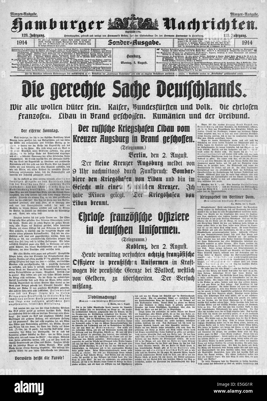 1914 Neue Hamburger Zeitung front page reporting 'The just cause of Germany' on the eve of World War One Stock Photo