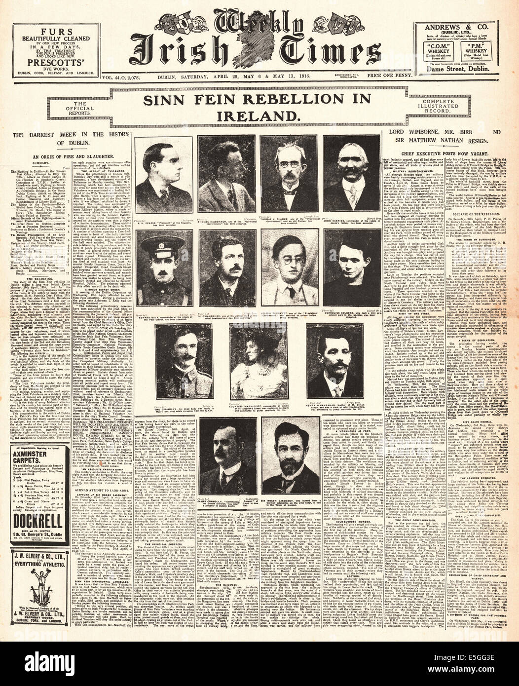 1916 Weekly Irish Times front page reporting the Easter Uprising in Dublin, Ireland by Irish Republicans Stock Photo