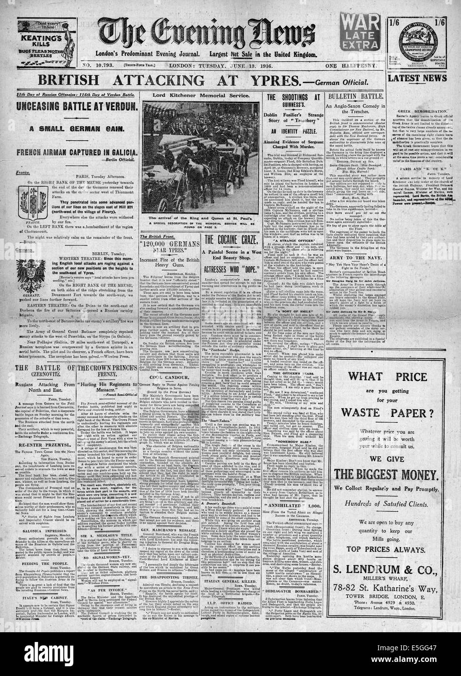 1916 Evening News front page reporting British army attack at Ypres Stock Photo