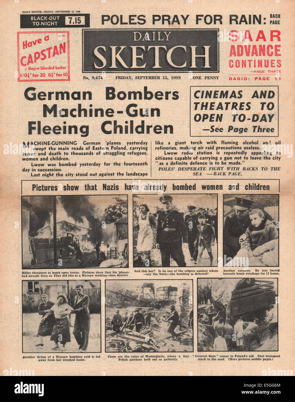 1939 Daily Sketch front page reporting  Women and children victims of German bombers Stock Photo