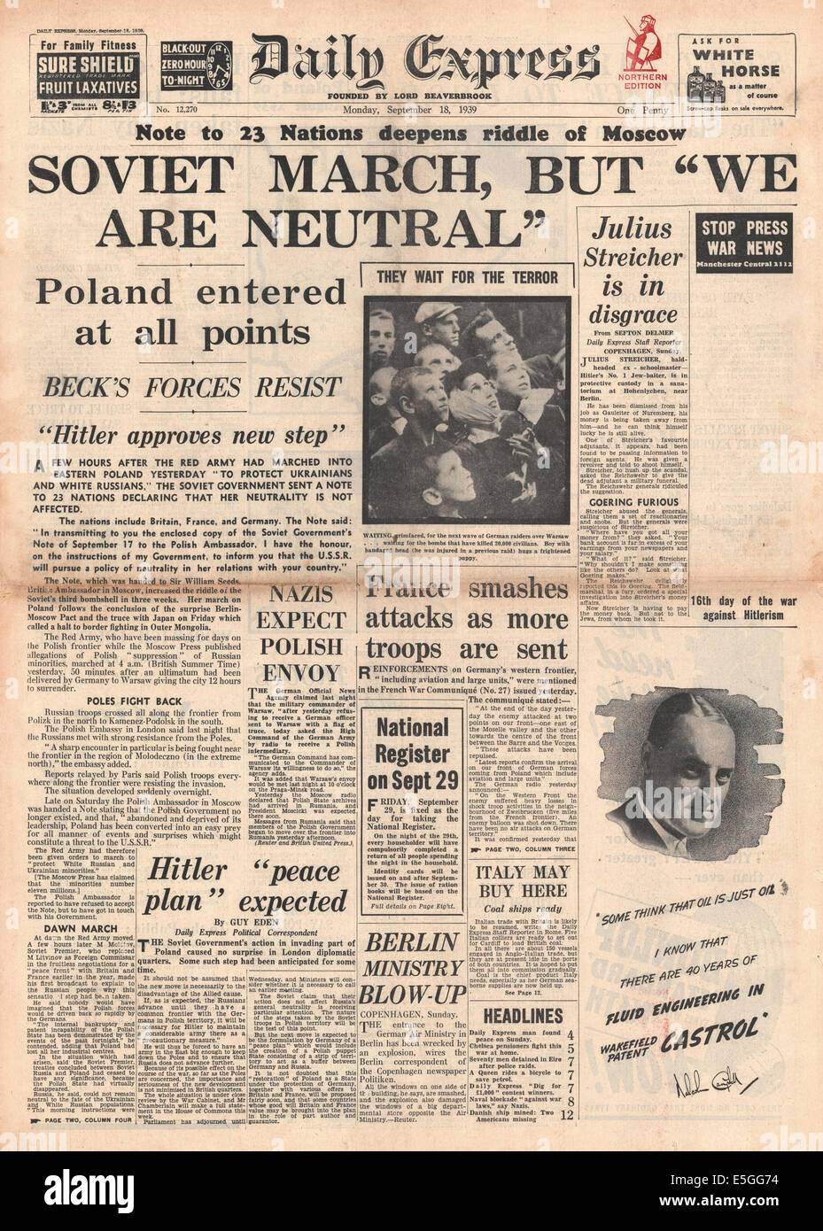 1939 Daily Express front page reporting invasion of Poland by Soviet Union but declares neutrality Stock Photo