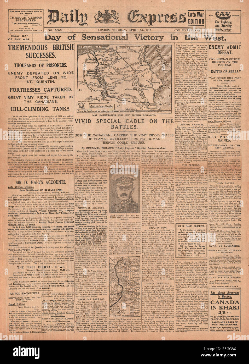 1917 Daily Express (London) front page reporting battle of Arras and