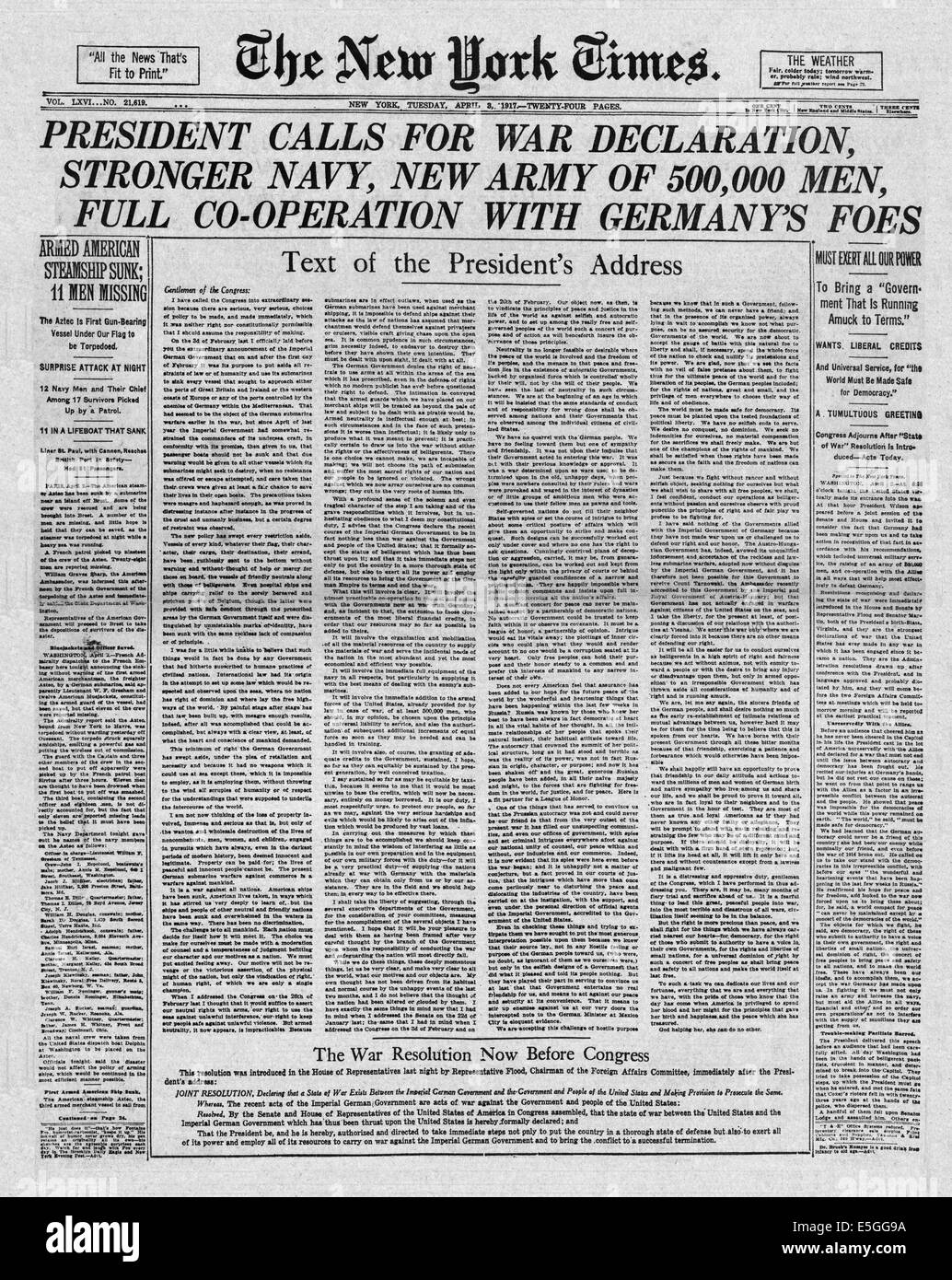 1917 New York Times front page reporting U.S. President Wilson calls