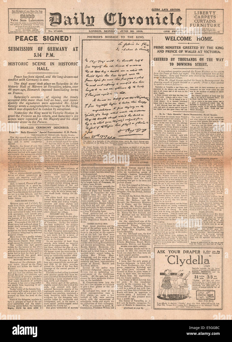 1919 Daily Chronicle front page reporting the Signing of the Treaty of