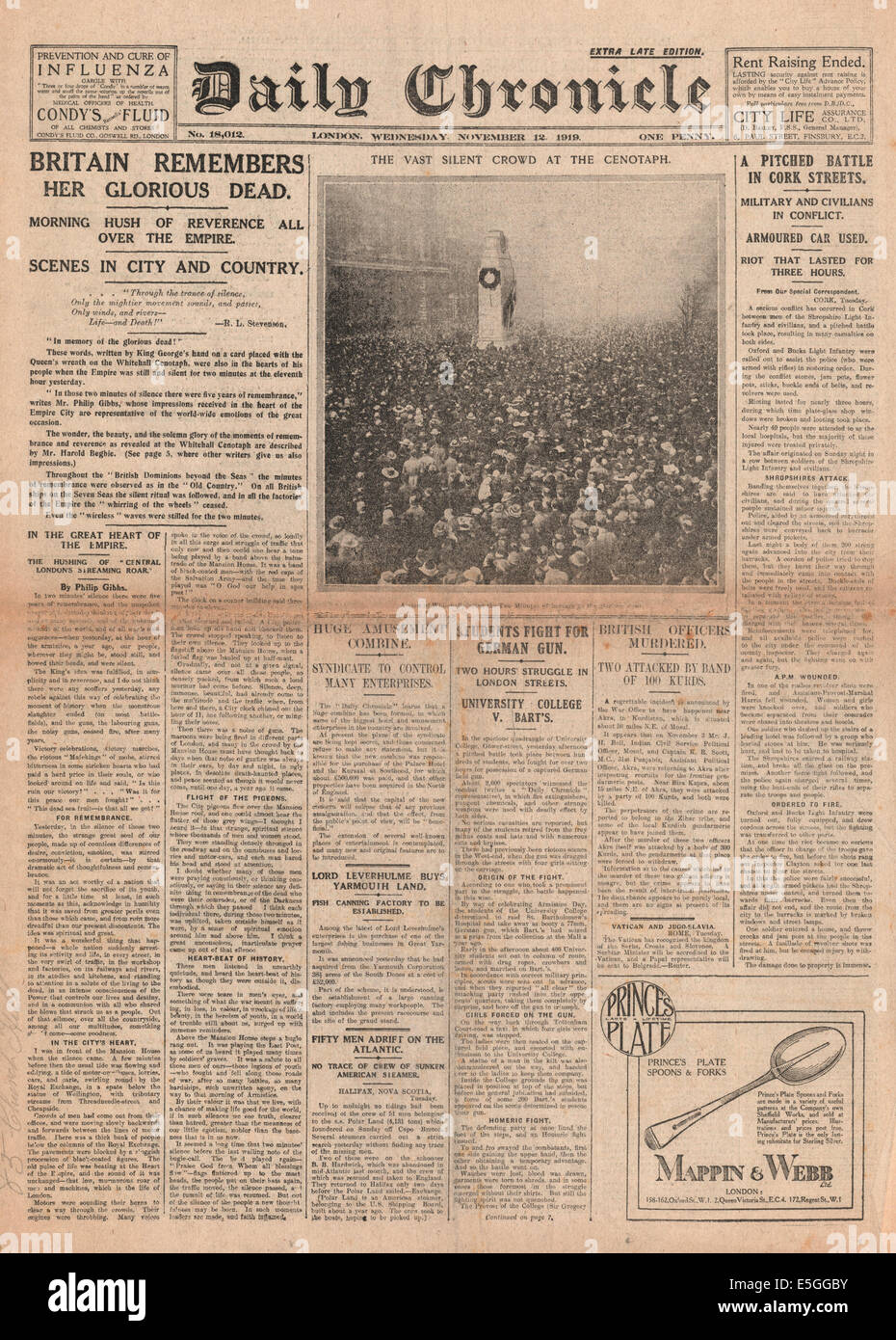 1919 Daily Chronicle front page reporting Armistice Day at the Cenotaph