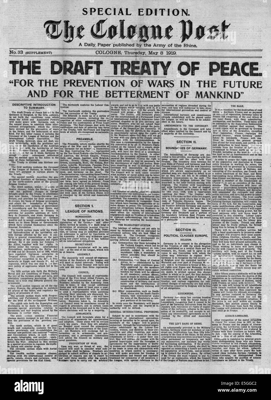 Treaty of versailles newspaper Black and White Stock Photos & Images