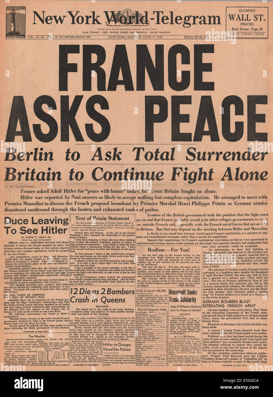 1940 New York World Telegram front page reporting France surrenders to