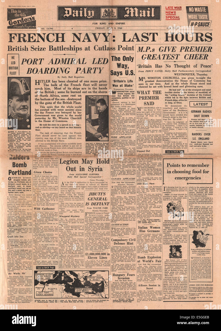 1940 Daily Mail front page reporting French Navy attacked by Royal Navy at Oran (Mers-el-Kebir), Algeria Stock Photo