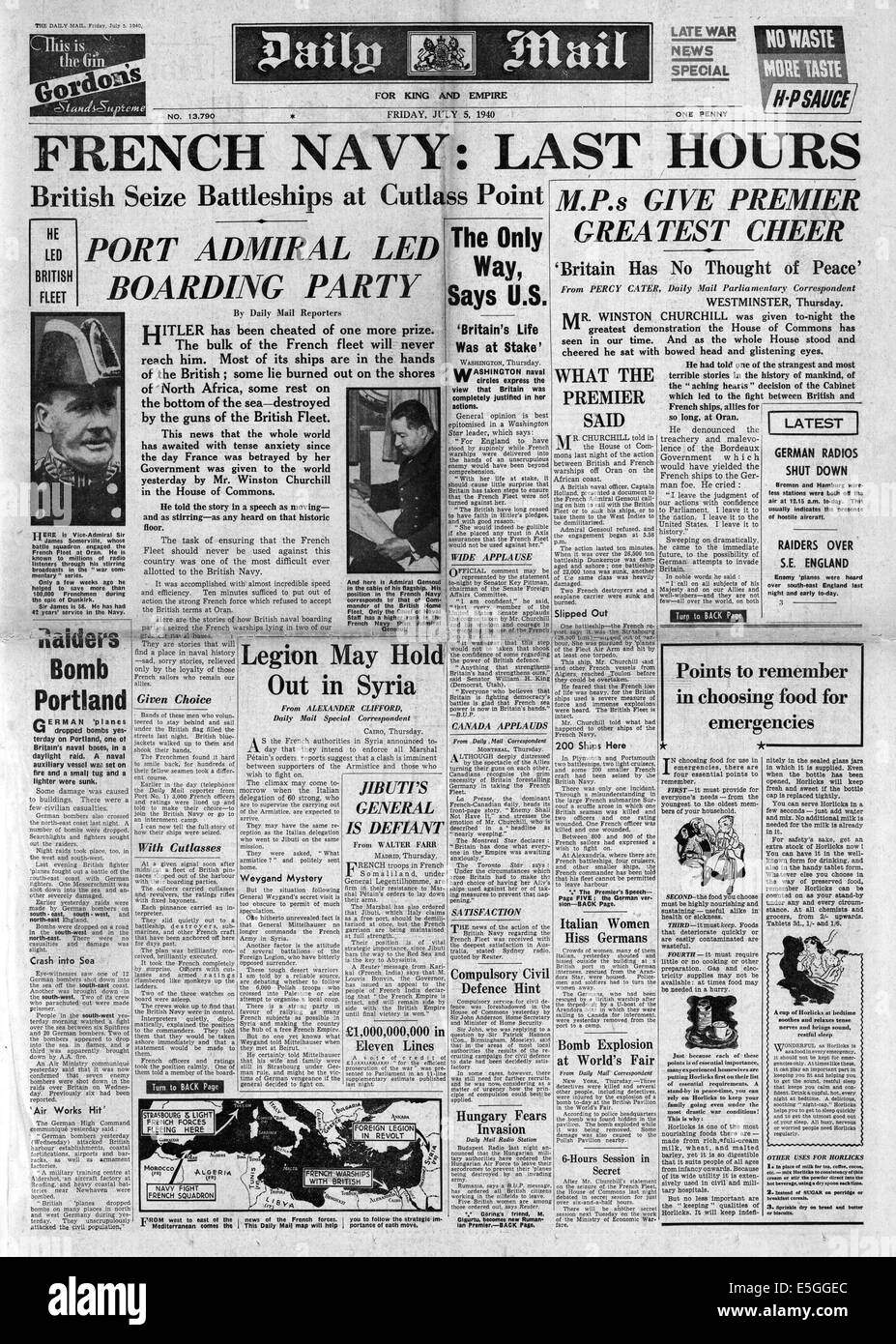 1940 Daily Mail front page reporting French Navy attacked by Royal Navy at Oran (Mers-el-Kebir) Stock Photo