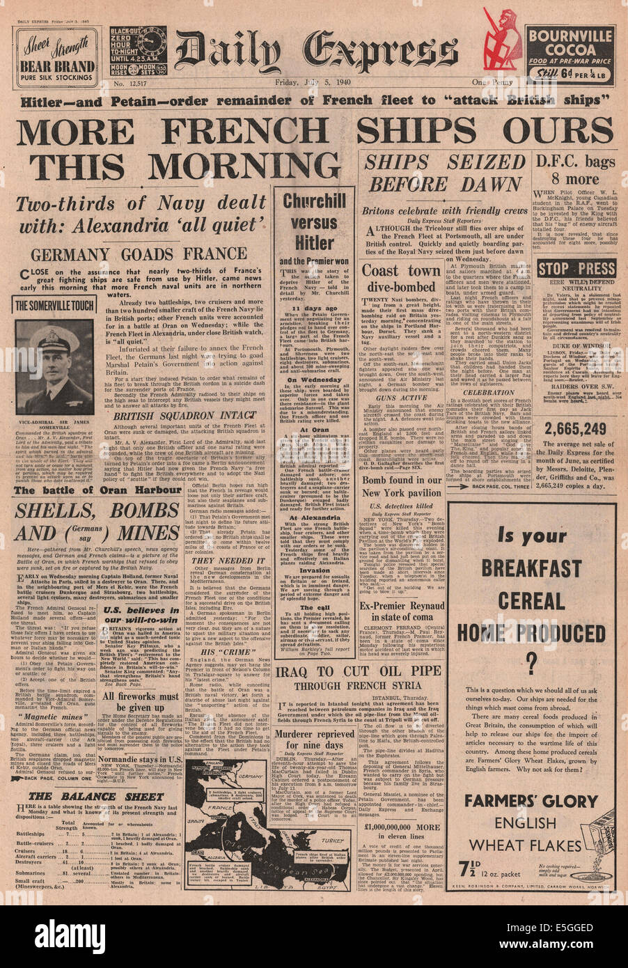 1940 Daily Express front page reporting French Navy attacked by Royal Navy at Oran (Mers-el-Kebir), Algeria Stock Photo