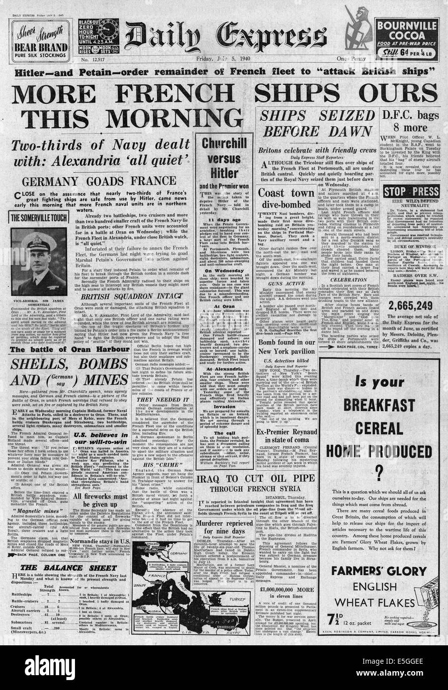 1940 Daily Express front page reporting French Navy attacked by Royal Navy at Oran (Mers-el-Kebir) Stock Photo