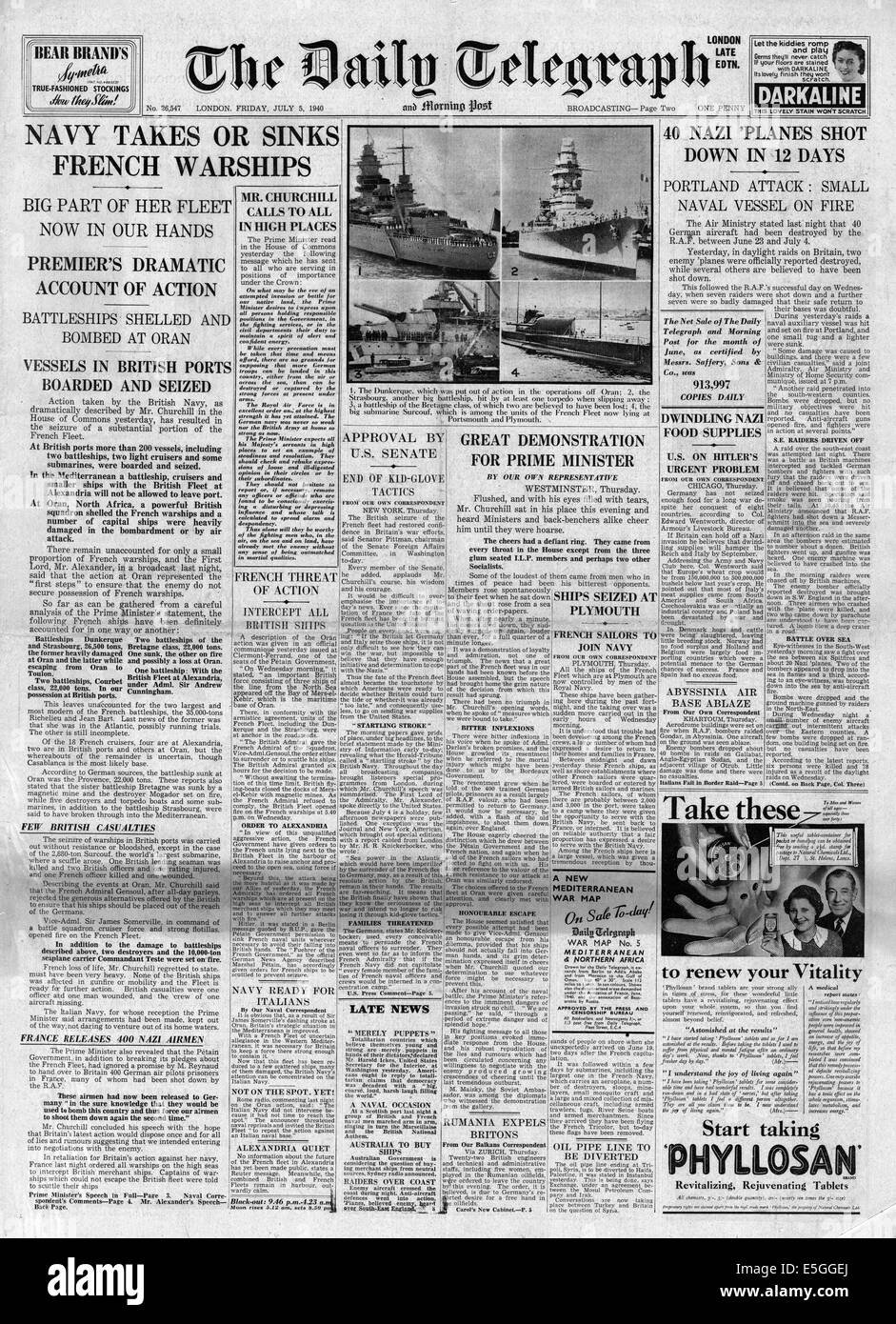1940 Daily Telegraph front page reporting French Navy attacked by Royal Navy at Oran (Mers-el-Kebir) Stock Photo