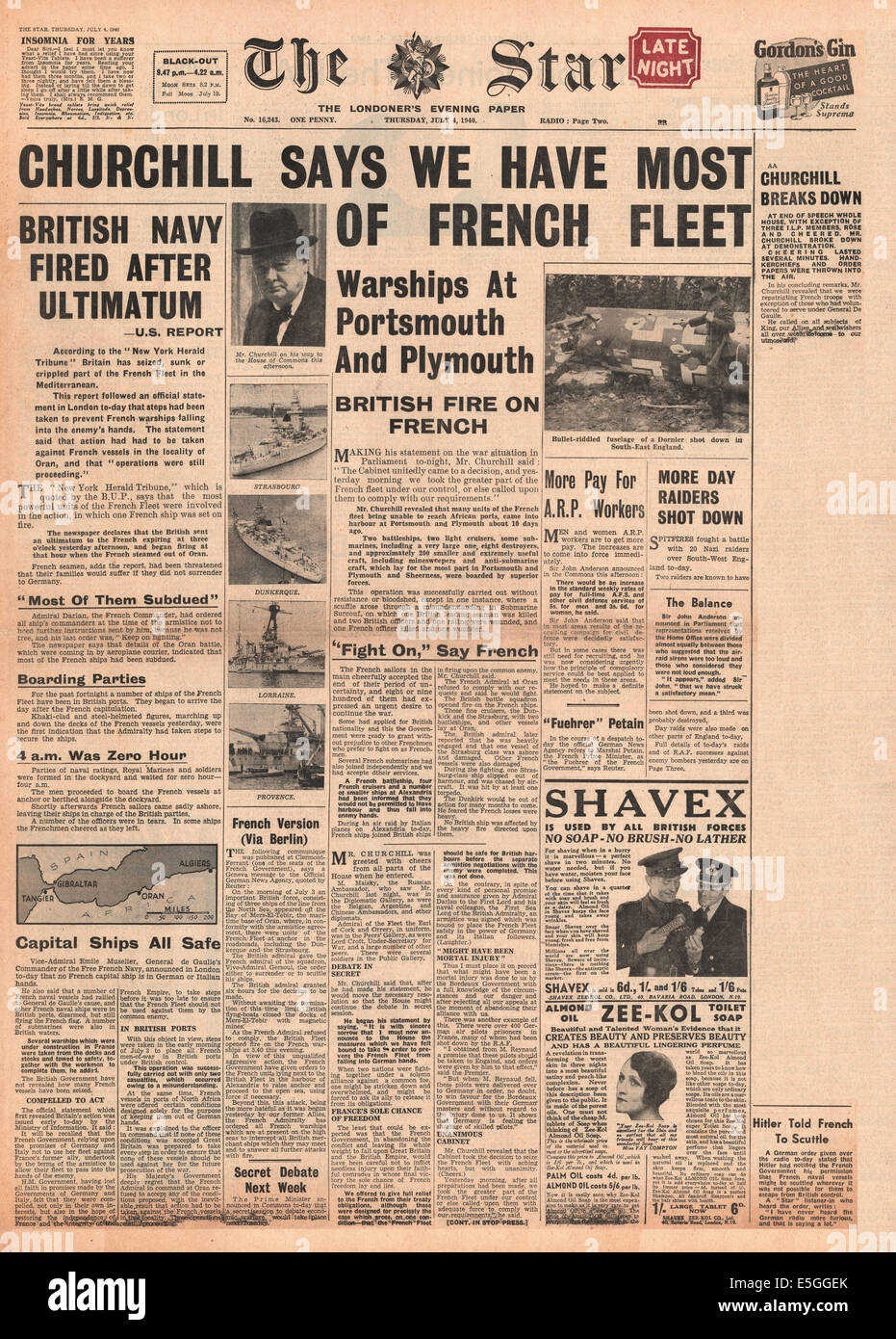 1940 The Star (London) front page reporting French Navy attacked by Royal Navy at Oran (Mers-el-Kebir), Algeria Stock Photo