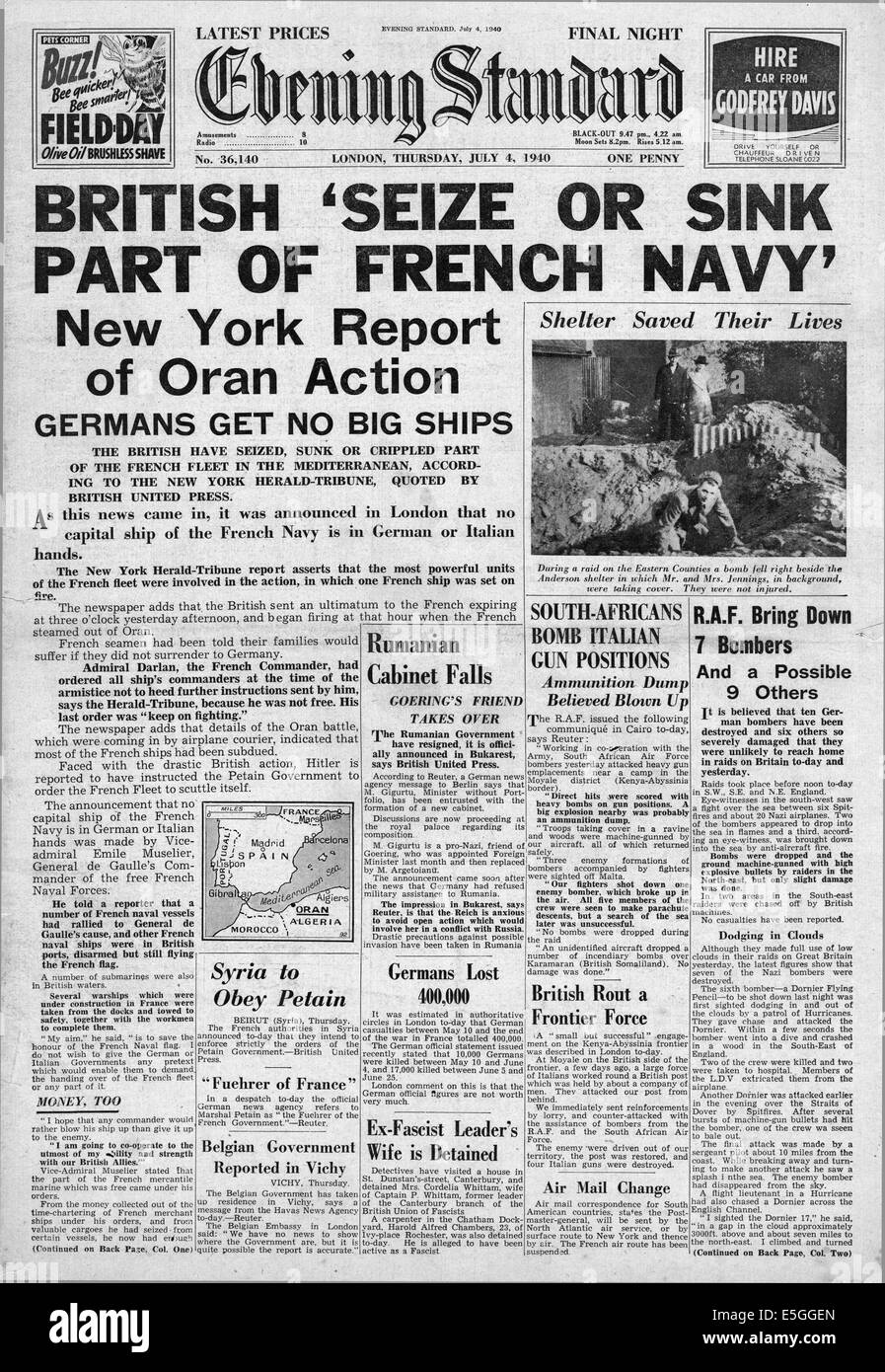 1940 Evening Standard (London) front page reporting French Navy attacked by Royal Navy at Oran (Mers-el-Kebir) Stock Photo